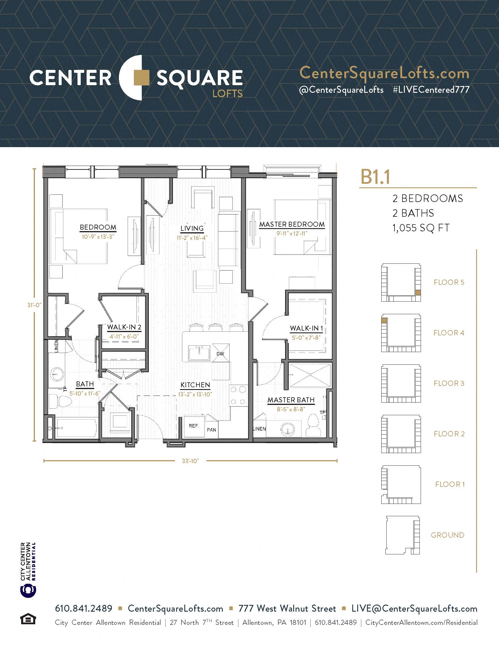 Floor plan for 2 beds, 2 baths, 1055 sqft
